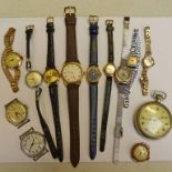 3 9CT GOLD WRISTWATCHES AND SELECTION OF OTHER WATCHES INCLUDING TIMEX, MEDINA ETC AND SILVER PLATED