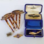 VICTORIAN BROOCH SET WITH SEED PEARLS MARKED 9CT, SEED PEARL SET BROOCH, 2 TORTOISESHELL STYLE