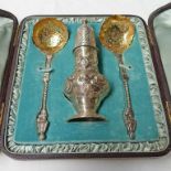 CASED SILVER SUGAR CASTOR & PAIR OF CONTINENTAL SILVER SUGAR SIFTERS DECORATED WITH FLOWERS MARKED