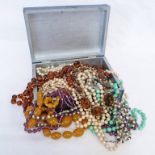 SELECTION OF BEAD NECKLACES INCLUDING VARIOUS STRANDS OF PASTE PEARLS, GREEN HARDSTONE NECKLACE