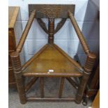 19TH CENTURY OAK TURNERS CHAIR WITH CARVED DECORATION & TURNED SUPPORTS