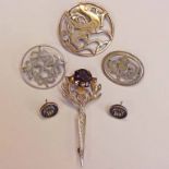 PAIR OF SCOTTISH SILVER, IONA EARRINGS, 3 SILVER BROOCHES. 2 WITH THISTLE DECORATION AND SHETLAND