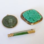 GREEN HARDSTONE BROOCH WITH SETTING MARKED STERLING, ONE OTHER GREEN HARDSTONE BROOCH WITH YELLOW