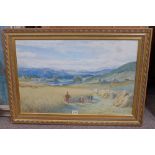 JOHN MITCHELL HARVEST TIME IN THE HIGHLANDS, SIGNED & DATED 1890 GILT FRAMED WATERCOLOUR, 48 X 74 CM