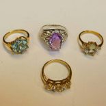 3 9CT GOLD, DIAMOND AND GEM SET RINGS AND 1 SILVER GEM SET RING