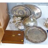 SELECTION OF SILVER PLATE INCLUDING 2 LARGE OVAL TRAYS, MEAT COVER, 3 PIECE TEA SET ON SALVER,