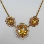 PANEL NECKLACE SET WITH 3 OVAL CITRINES & SEED PEARLS, MARKED 9CT GOLD