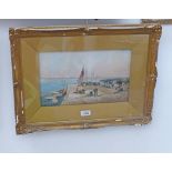 EJ MAYBERRY 19TH CENTURY HARBOUR SCENE SIGNED FRAMED WATERCOLOUR 20 X 33CM