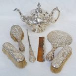 SILVER PLATED TEAPOT WITH ENGRAVED FOLIATE DECORATION, 5 PIECE SILVER DRESSING TABLE SET AND