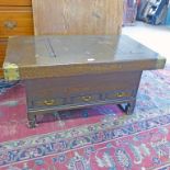 ORIENTAL HARDWOOD RECTANGULAR COFFEE TABLE WITH BRASS MOUNTS, 3 DRAWERS & LIFT UP TOP ON SHAPED