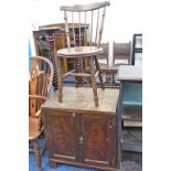 MAHOGANY 2 DOOR CABINET ON BRACKET SUPPORTS & ELM DINING CHAIR ON TURNED SUPPORTS