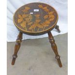 20TH CENTURY POKER WORK STOOL WITH THISTLES TO TOP ON TURNED SUPPORTS