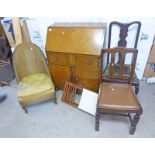 20TH CENTURY OAK BUREAU OF FALL FRONT OVER DRAWER & 2 PANEL DOORS, 2 DINING CHAIRS & LLOYD LOON