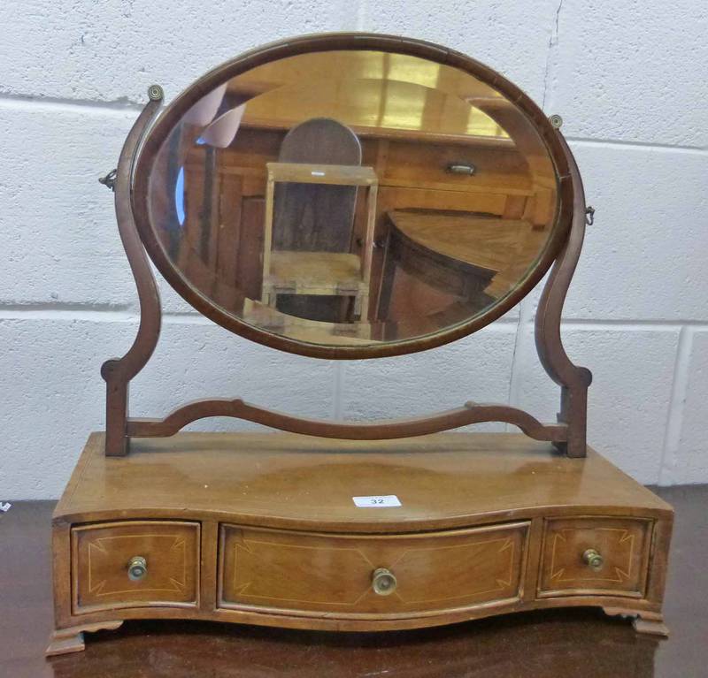 20TH CENTURY INLAID MAHOGANY DRESSING TABLE MIRROR OF SERPENTINE FRONT & 3 DRAWERS BRACKET