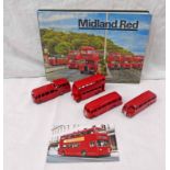 FOUR REPAINTED DINKY TOY MODEL BUSES TOGETHER WITH MIDLAND RED BOOK BY PAUL GRAY, MALCOLM KEELEY &