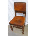 SET OF 8 LEATHER BOUND OAK CHAIRS WITH BRASS STUD DECORATION