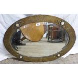 OVAL BRASS ARTS & CRAFTS MIRROR WITH MOTHER OF PEARL PLAQUES