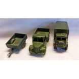 THREE MILITARY DINKY TOYS MODEL VEHICLES INCLUDING 623 - ARMY WAGON, BEDFORD LORRY AND TRAILER