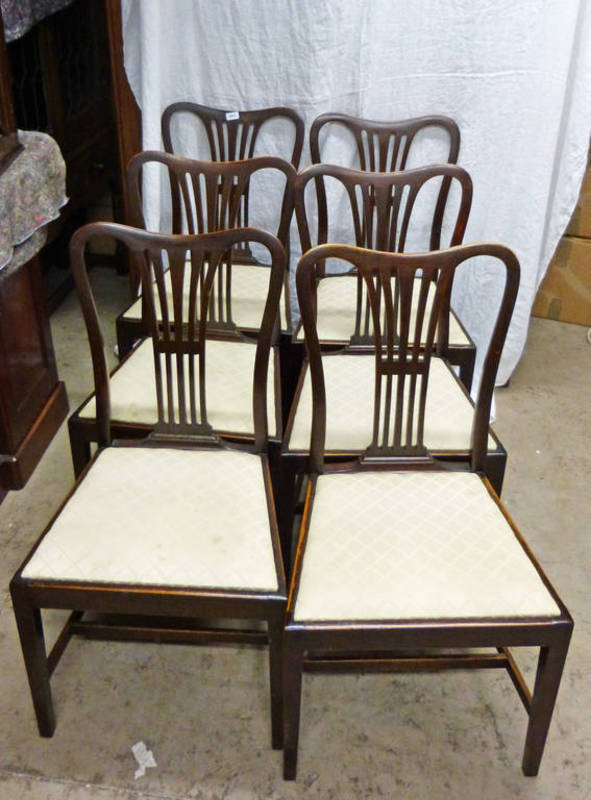 SET OF 6 MAHOGANY CHAIRS WITH DECORATED BACKS ON SQUARE TAPERED SUPPORTS