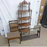 3 TIER OVAL STAND, 5 TIER WHAT NOT, FOOT STOOL ETC.