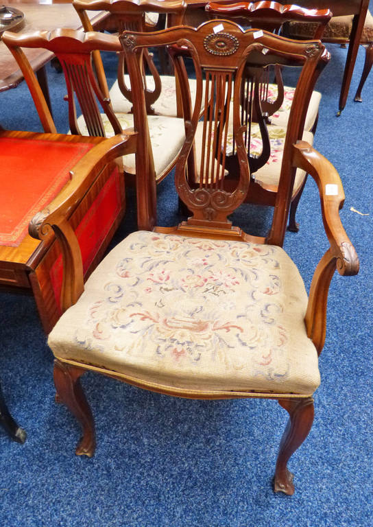 LATE 19TH CENTURY MAHOGANY OPEN ARMCHAIR WITH DECORATIVE BACK & SHAPED SUPPORTS