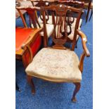 LATE 19TH CENTURY MAHOGANY OPEN ARMCHAIR WITH DECORATIVE BACK & SHAPED SUPPORTS