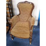 LATE 19TH CENTURY MAHOGANY FRAMED GENTLEMAN'S ARMCHAIR ON TURNED SUPPORTS