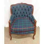 20TH CENTURY BUTTON BACK ARMCHAIR WITH CARVED DECORATION, TARTAN UPHOLSTERY & CABRIOLE SUPPORTS