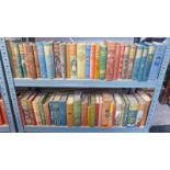 LARGE SELECTION OF APPROX 55 BOOKS WITH COLOURED DECORATIVE BINDINGS ON 2 SHELVES
