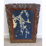 LATE 19TH CENTURY JAPANESE CARVED HARDWOOD FRAMED BONE DECORATED PANEL WITH BIRDS & FLOWERS, OVERALL