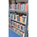 LARGE COLLECTION OF VARIOUS BOOKS FICTION, POETRY, ART, THEOLOGY ETC ON 4 SHELVES APPROX 200 BOOKS