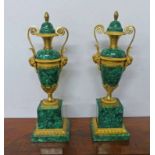 PAIR OF MALACHITE AND FINELY CHASED ORMOLU MOUNTED URNS CIRCA 1880, HEIGHT 35CM BY REPUTE RUSSIAN