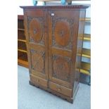 20TH CENTURY HARDWOOD CUPBOARD WITH 2 CARVED PANEL DOORS OVER 2 DRAWERS 158CM TALL