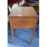 19TH CENTURY INLAID MAHOGANY WORK BOX ON SQUARE SUPPORTS