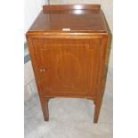 EARLY 20TH CENTURY MAHOGANY BEDSIDE CABINET OF INLAID PANEL DOOR ON SQUARE SUPPORTS