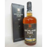 1 BOTTLE HIGHLAND PARK 15 YEAR OLD SINGLE MALT WHISKY - 70CL, 40% VOLUME, BOXED.