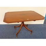 19TH CENTURY MAHOGANY & BURR YEW WOOD SQUARE TOPPED BREAKFAST TABLE WITH TURNED COLUMN & SPREADING