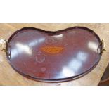 19TH CENTURY MAHOGANY KIDNEY SHAPED TRAY WITH BRASS HANDLES & SHELL INLAY