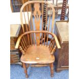 19TH CENTURY ELM WINDSOR ARMCHAIR WITH SPAR BACK ON TURNED SUPPORTS