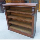 20TH CENTURY MAHOGANY OPEN BOOKCASE WITH CARVED DECORATION ON PLINTH BASE 111CM WIDE