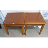 PAIR OF MAHOGANY SQUARE TOPPED TABLES ON SQUARE SUPPORTS