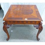 MAHOGANY SQUARE TOPPED TABLE ON SHAPED SUPPORTS