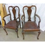 PAIR OF 20TH CENTURY MAHOGANY OPEN ARMCHAIR ON QUEEN ANNE SUPPORTS