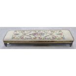 MID 20TH CENTURY TAPESTRY TOPPED FOOT STOOL ON SHORT TURNED SUPPORTS 132 CM WIDE