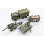 FOUR FRENCH DINKY TOYS MILITARY VEHICLES INCLUDING 80D - OUS TERRAINS BERLIET, 80F. AMBULANCE, 80E -