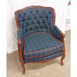 20TH CENTURY BUTTON BACK ARMCHAIR WITH CARVED DECORATION, TARTAN UPHOLSTERY & CABRIOLE SUPPORTS