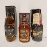 3 BOTTLES BLENDED WHISKY: CHIVAS REGAL 12 YEAR OLD, THE ANTIQUARY 12 YEAR OLD & BLACK BOTTLE - ALL