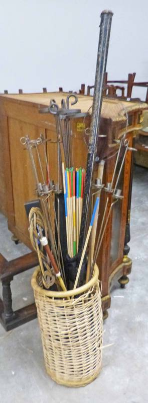 WICKER BASKET OF CONTENTS INCLUDING CASED SNOOKER CUE