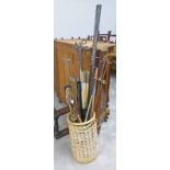 WICKER BASKET OF CONTENTS INCLUDING CASED SNOOKER CUE