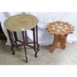 EASTERN BRASS TRAY TOPPED FOLDING TABLE & INLAID HARDWOOD FOLDING TABLE